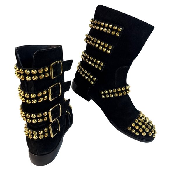 GIUSEPPE ZANOTTI BLACK SUEDE GOLD STUDDED BUCKLE BIKER Flat BOOTS SHOES SZ 40 - Picture 12 of 15